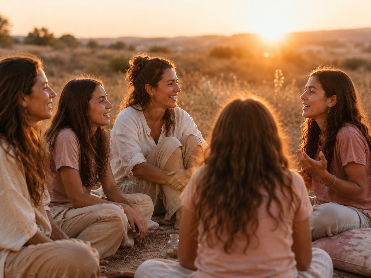 מעגל של אמהות ונערות בטבע בשעת השקיעה